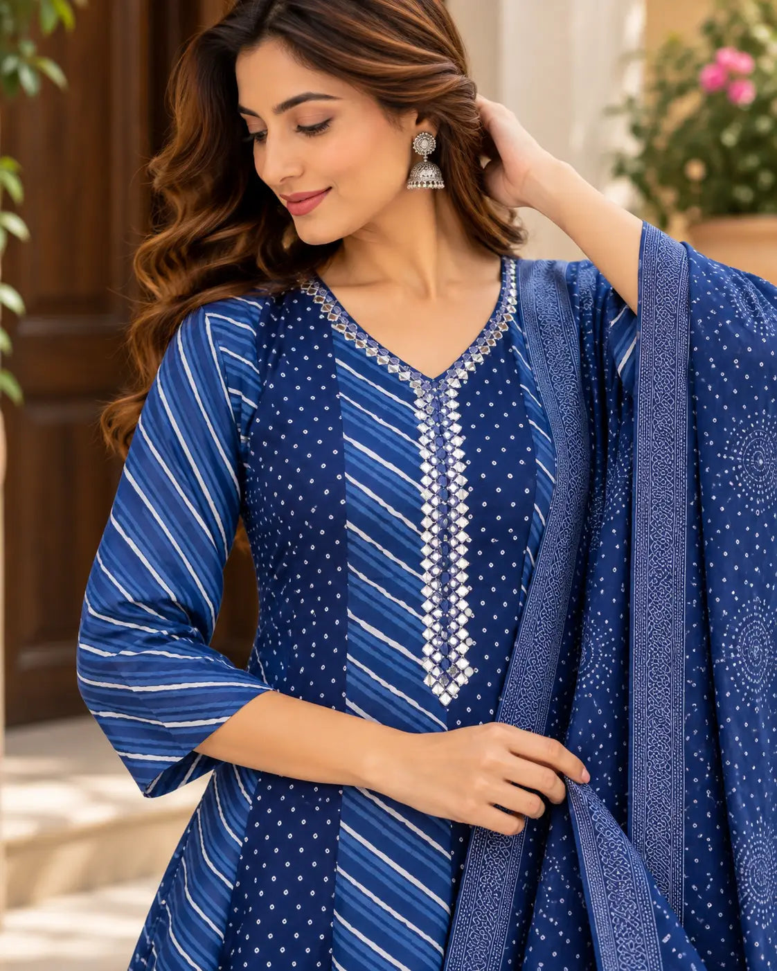 Blue Leheriya Printed Anarkali Kurta Set