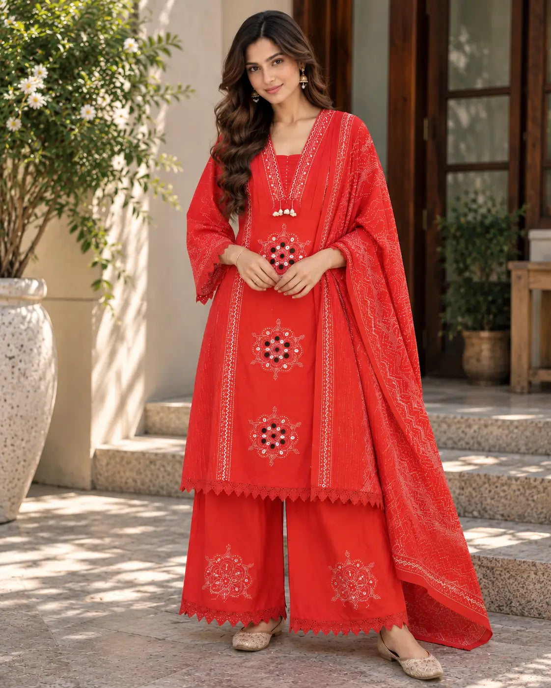 Bright Orange Embroidered Suit Set for Women