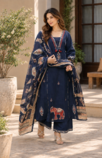 Navy Blue Cotton Kurta Pant Set with Printed Dupatta