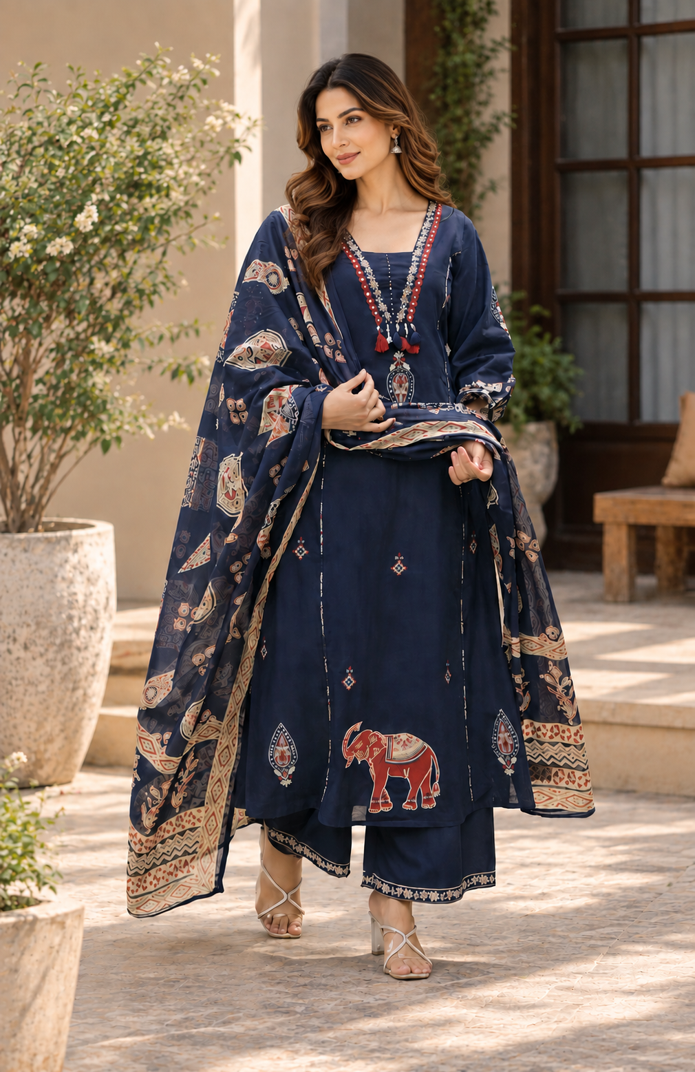 Navy Blue Cotton Kurta Pant Set with Printed Dupatta