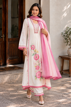 White Floral Embroidered Cotton Blend A-Line Suit Set