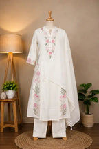 Shop a white floral embroidered kurta set for women from Subi Trends. Pure cotton 3-piece kurta set with matching pants and dupatta for festive and ethnic occasions.