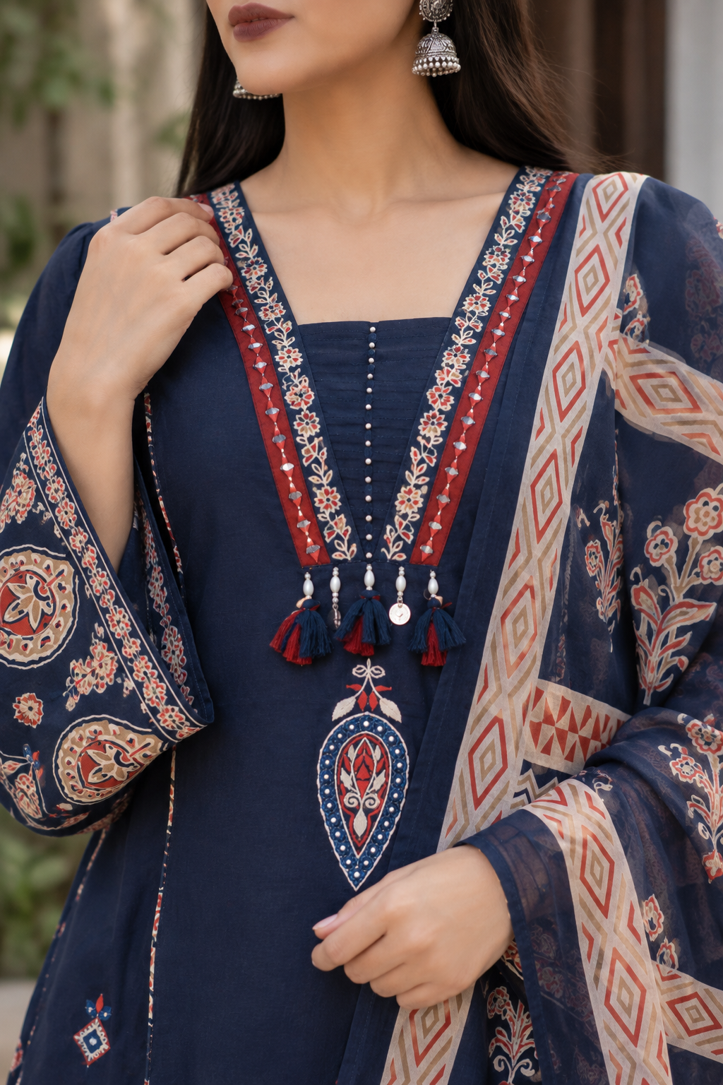 Navy Blue Cotton Kurta Pant Set with Printed Dupatta