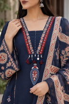 Navy Blue Cotton Kurta Pant Set with Printed Dupatta