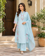 Light Blue Floral Embroidered 3-Piece Kurta Pant Set - Subi Trends