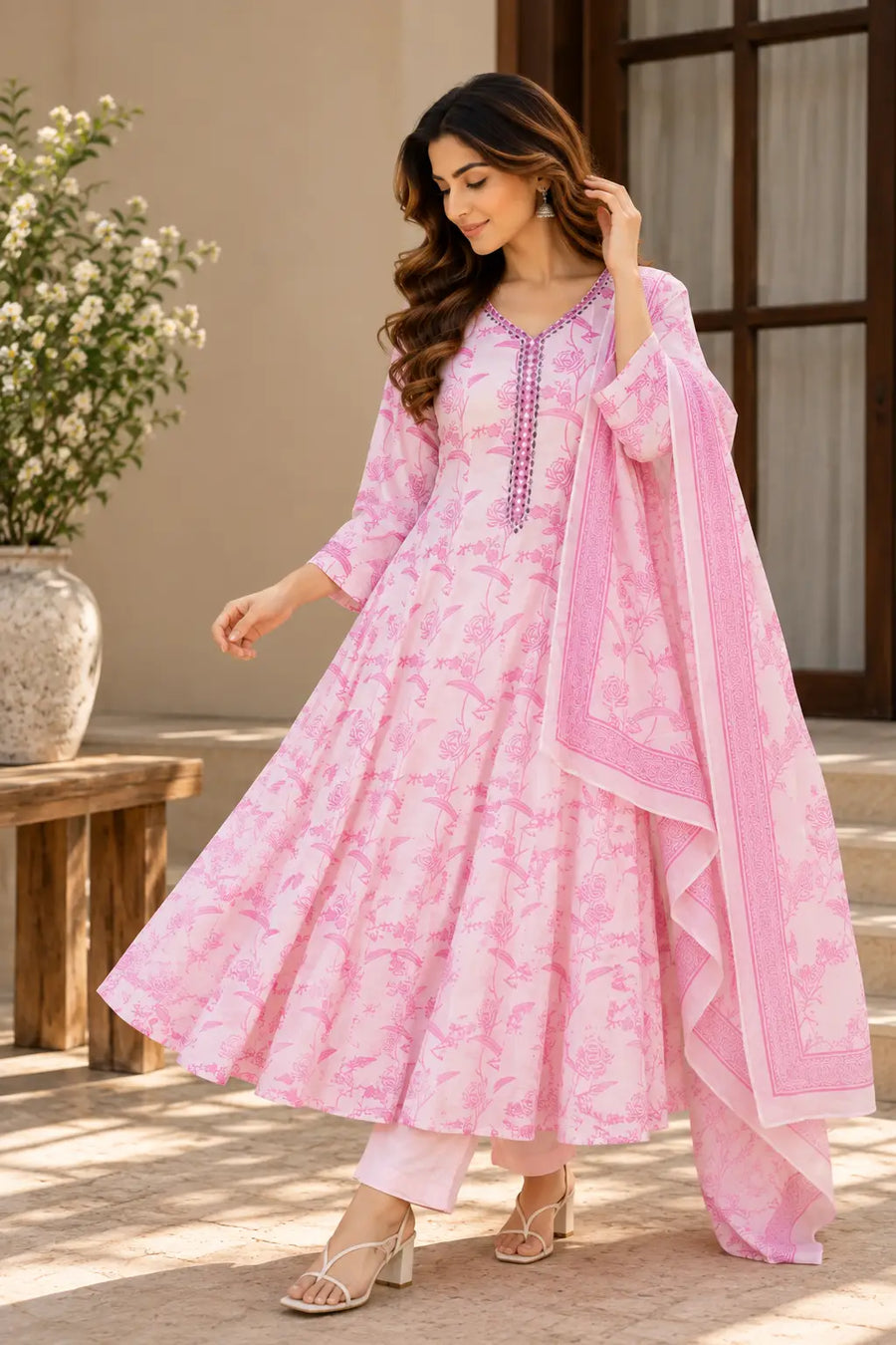 Light Pink Floral Anarkali Suit Set for Women - Subi Trends