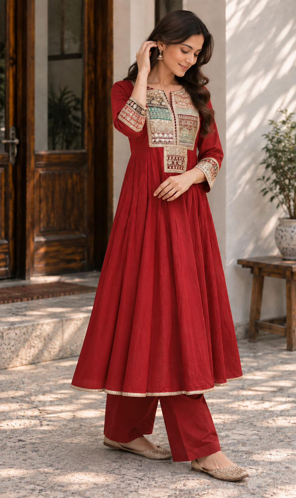Anarkali Red Kurta Set with Leheriya Printed Dupatta