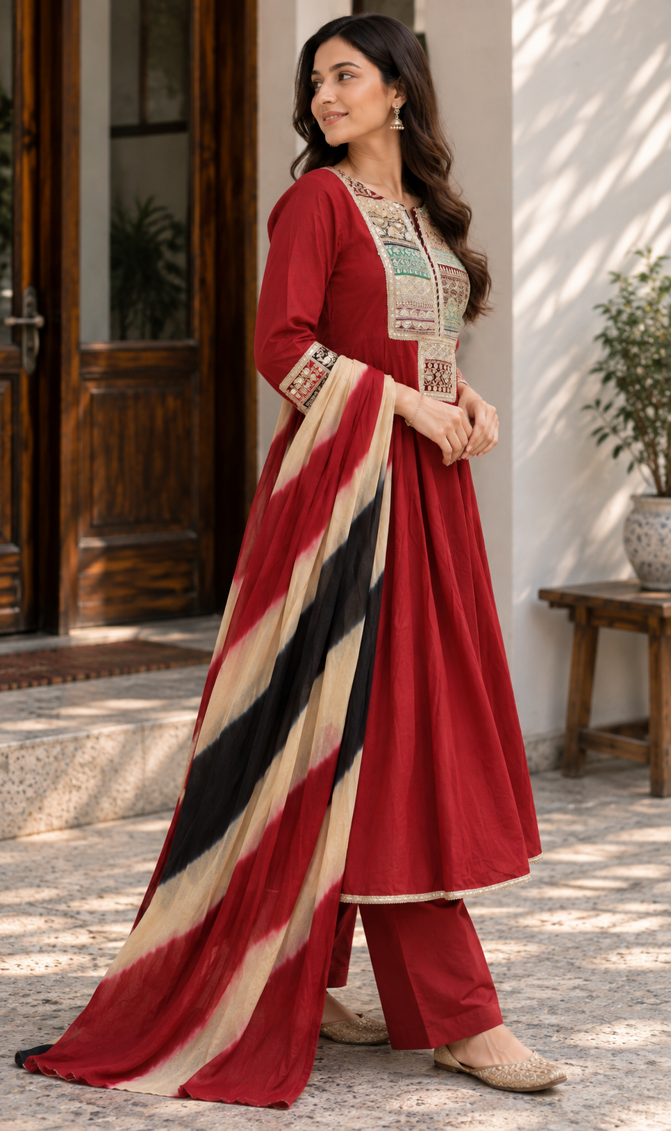 Anarkali Red Kurta Set with Leheriya Printed Dupatta