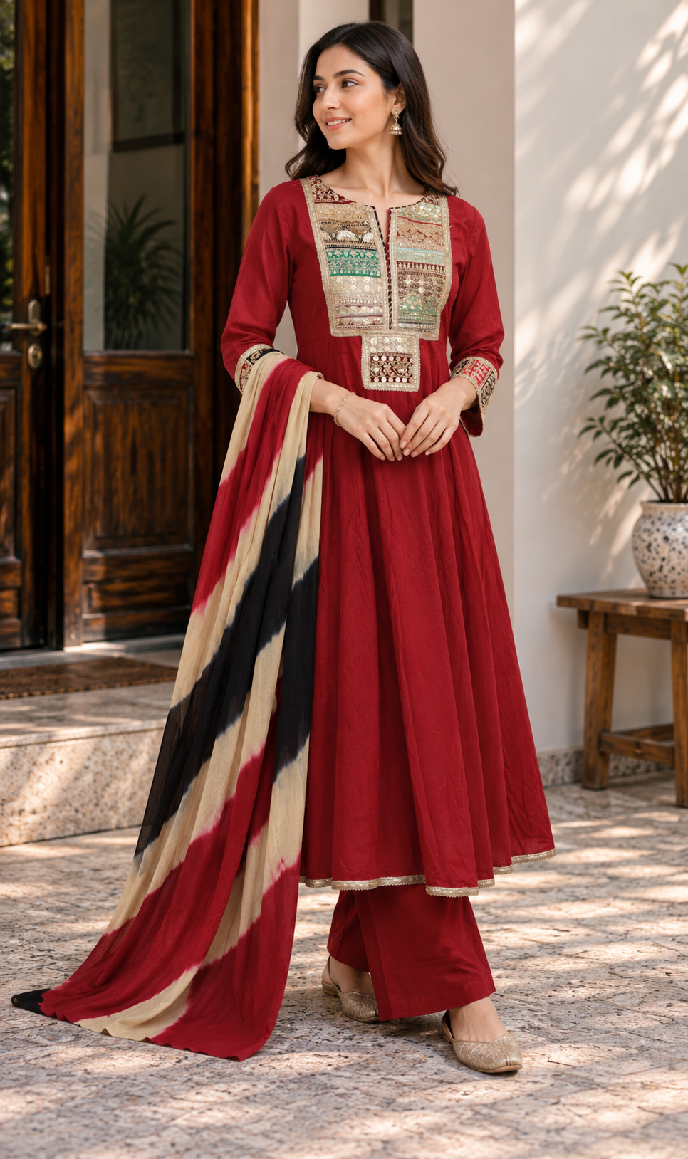 Anarkali Red Kurta Set with Leheriya Printed Dupatta