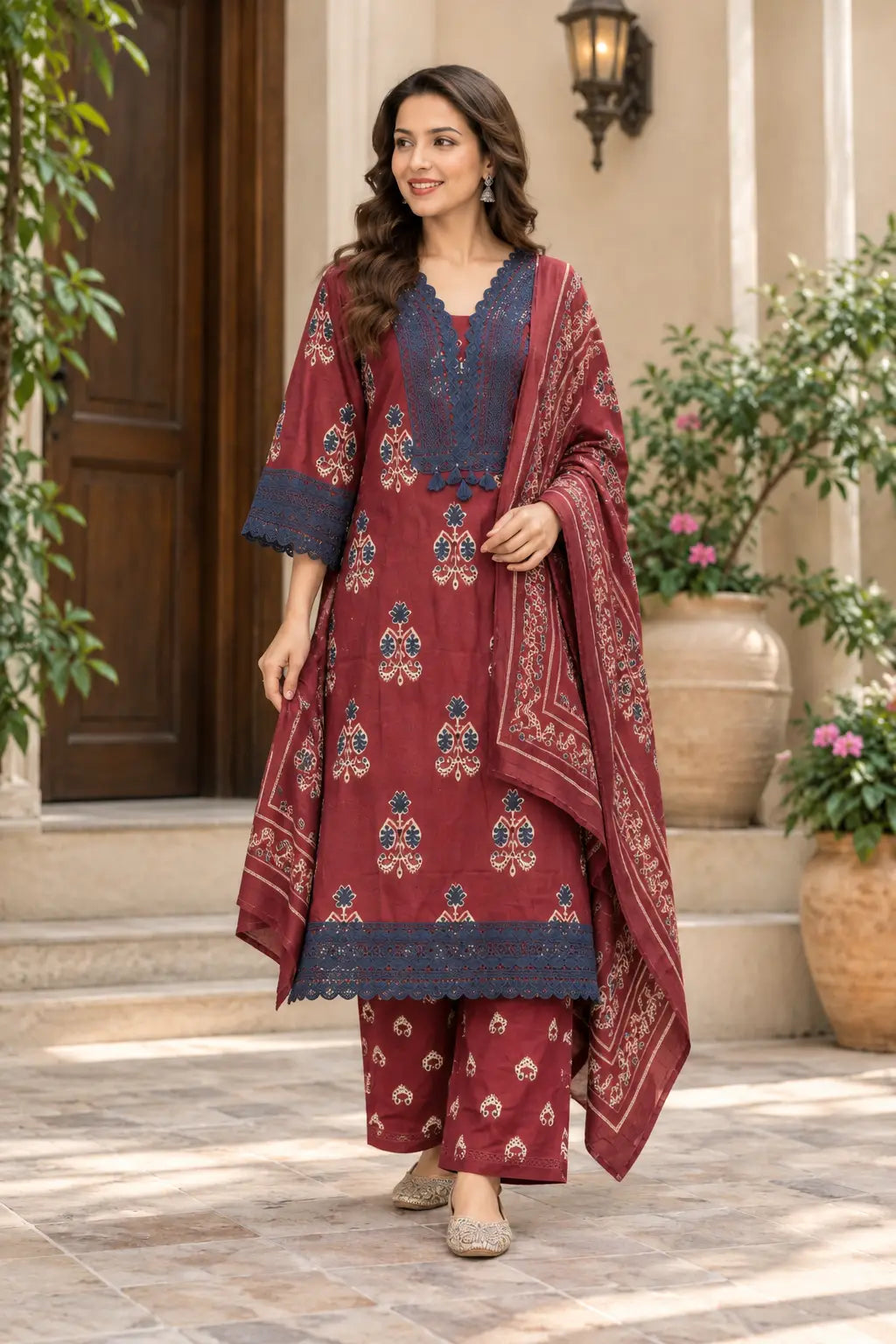 Maroon Floral Block-Print Cotton Kurta Set - Subi Trends