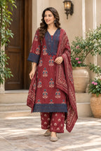 Maroon Floral Block-Print Cotton Kurta Set - Subi Trends