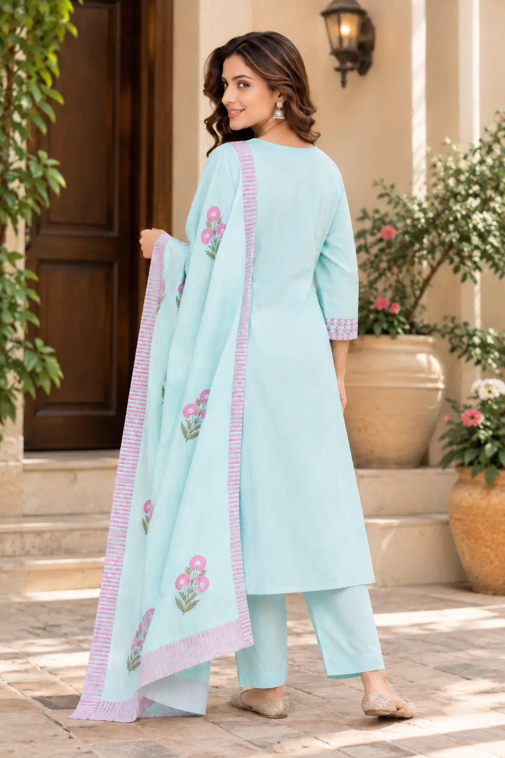 Pastel Blue Kurta Set with Embroidered Neck Panel
