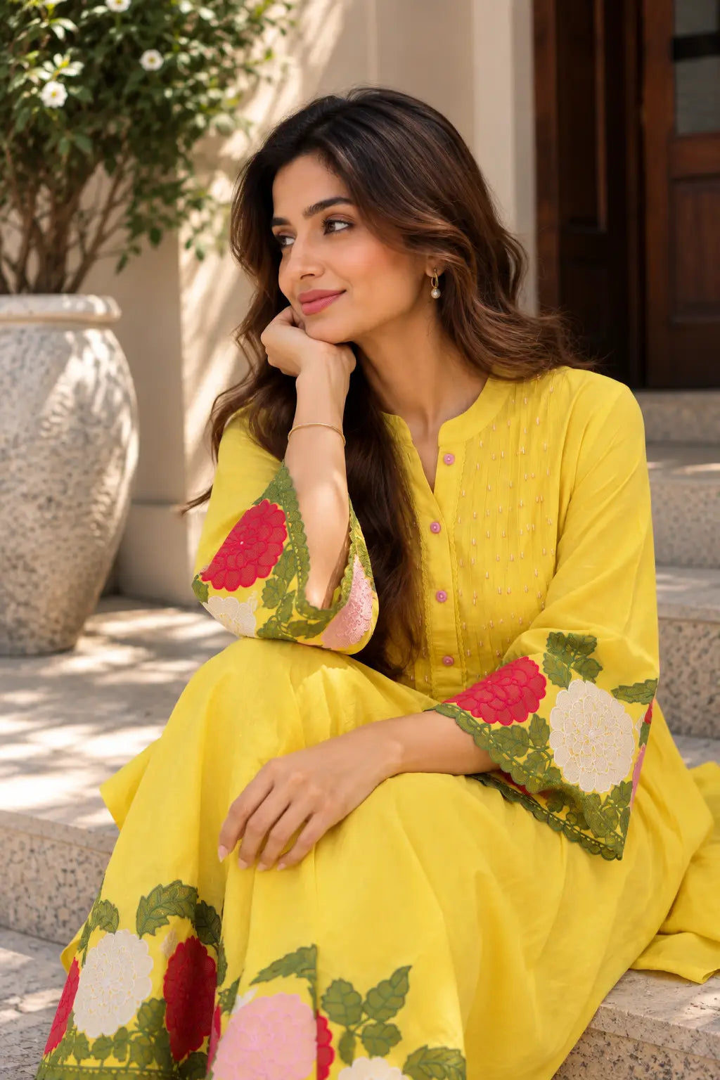 Bright Yellow Floral Embroidered Co-ord Set