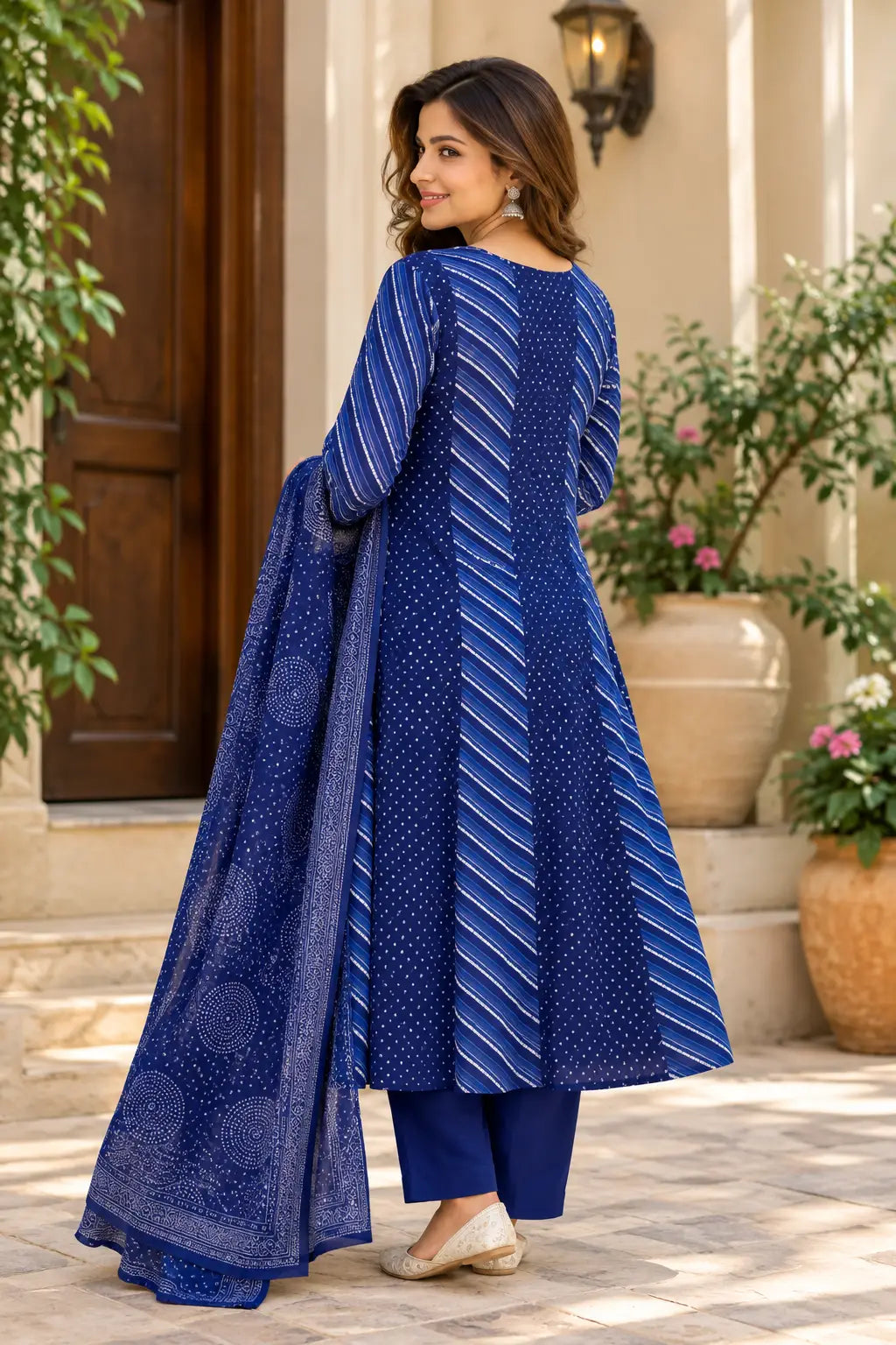 Blue Leheriya Printed Anarkali Kurta Set