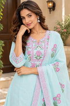 Pastel Blue Kurta Set with Embroidered Neck Panel