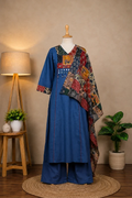 Looking for a unique ethnic outfit? Explore Subi Trends’ Navy Blue Printed Suit Set with earthy multicolor prints, a coordinated bottom and statement dupatta for casual and festive occasions.