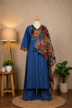 Looking for a unique ethnic outfit? Explore Subi Trends’ Navy Blue Printed Suit Set with earthy multicolor prints, a coordinated bottom and statement dupatta for casual and festive occasions.