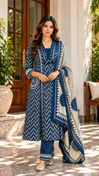 Neelambara Pure Cotton Printed Navy Blue 3-Piece Set - Subi Trends