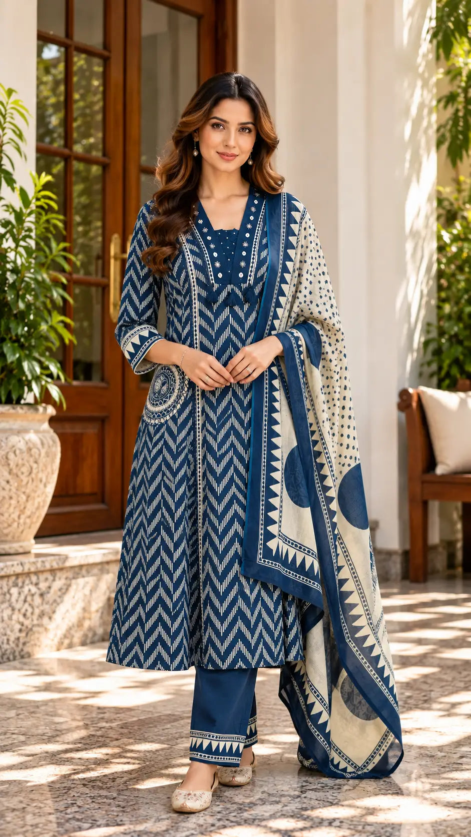 Neelambara Pure Cotton Printed Navy Blue 3-Piece Set - Subi Trends