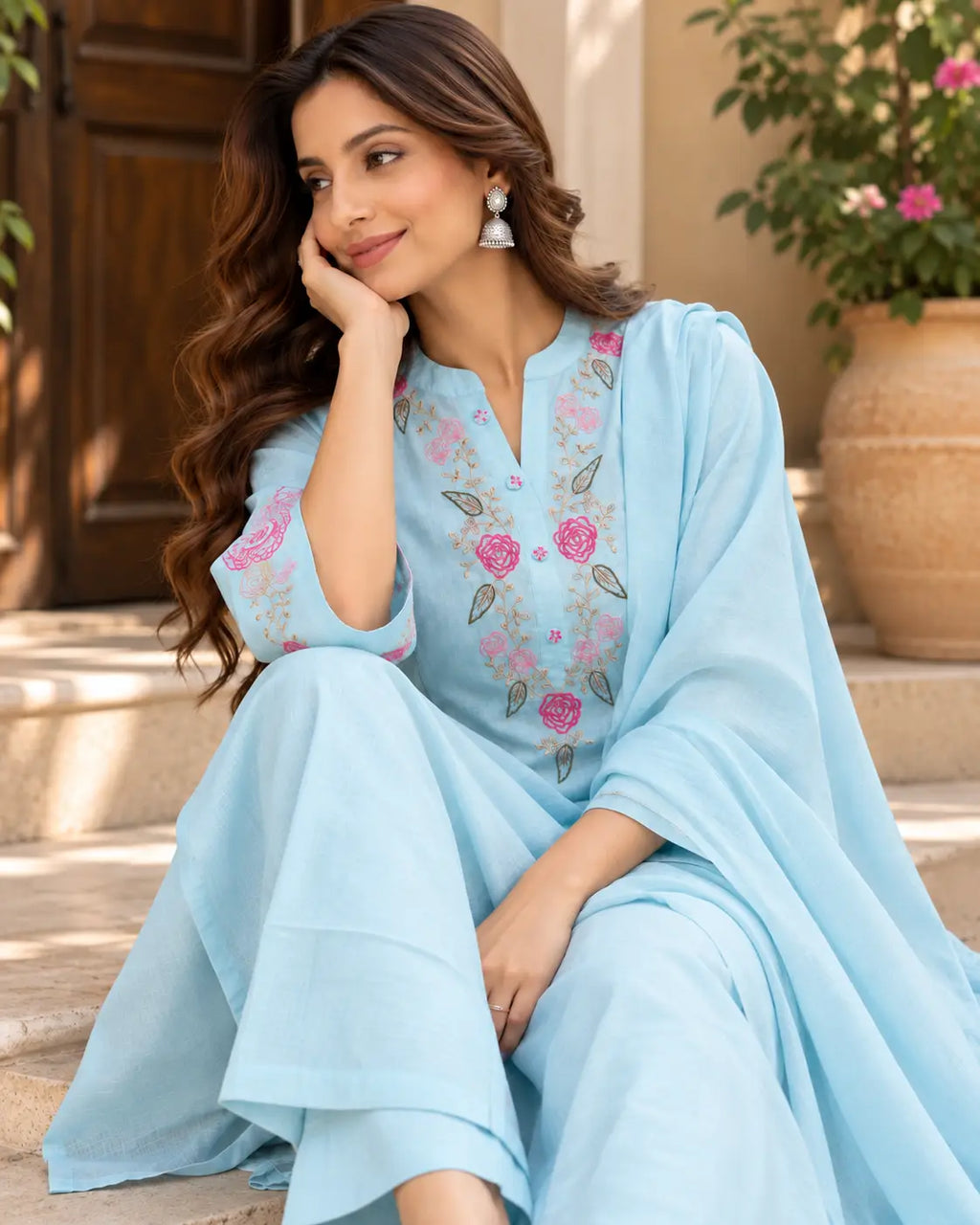 Light Blue Floral Embroidered 3-Piece Kurta Pant Set