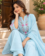 Light Blue Floral Embroidered 3-Piece Kurta Pant Set
