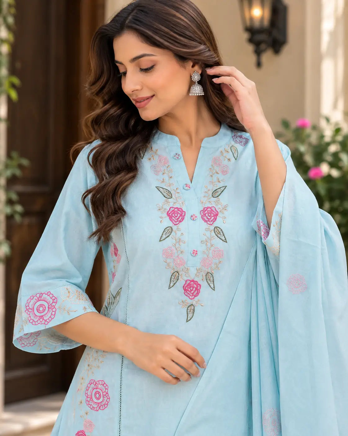 Light Blue Floral Embroidered 3-Piece Kurta Pant Set