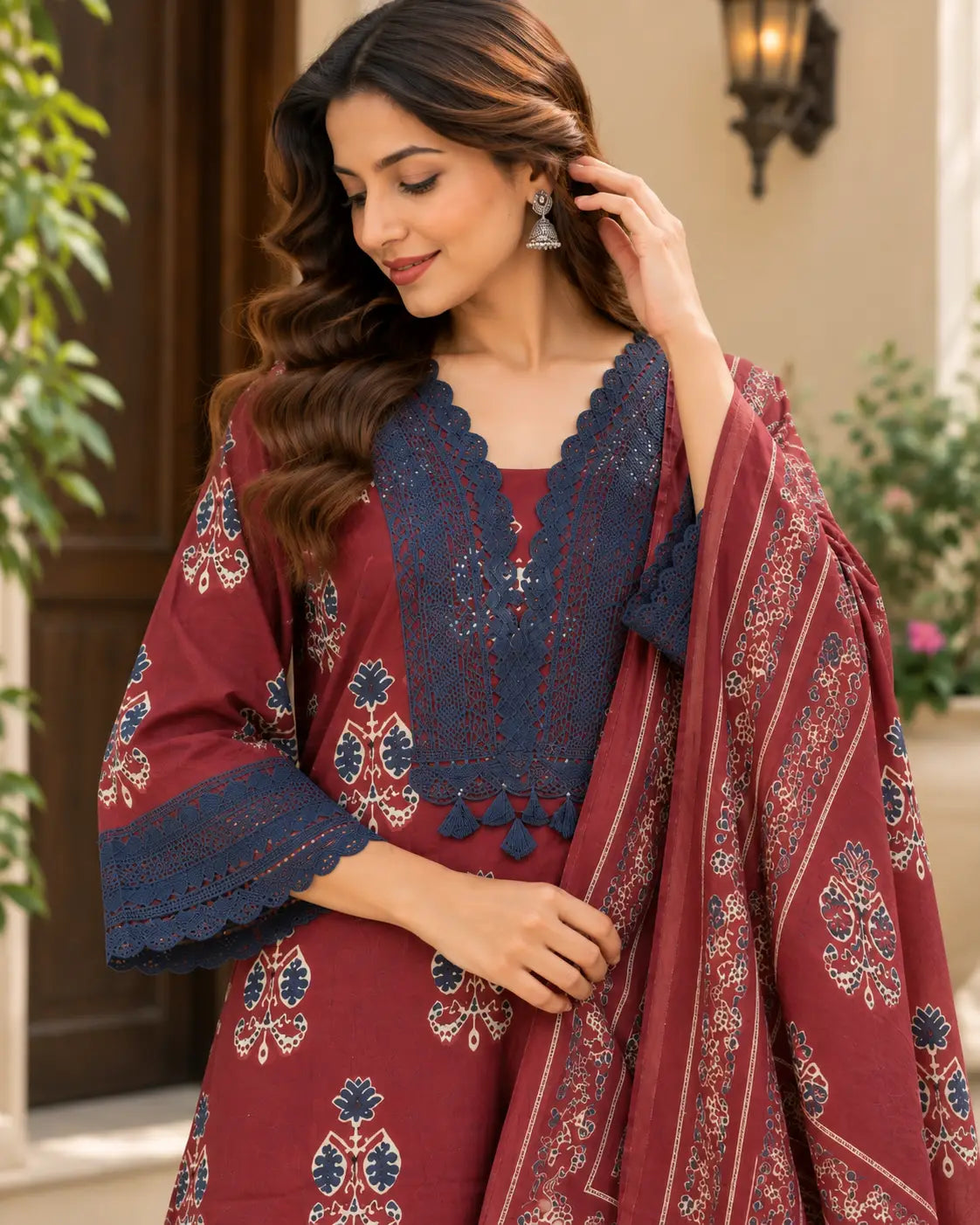Maroon Floral Block-Print Cotton Kurta Set