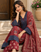 Maroon Floral Block-Print Cotton Kurta Set