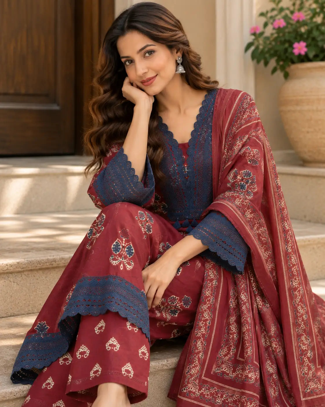 Maroon Floral Block-Print Cotton Kurta Set
