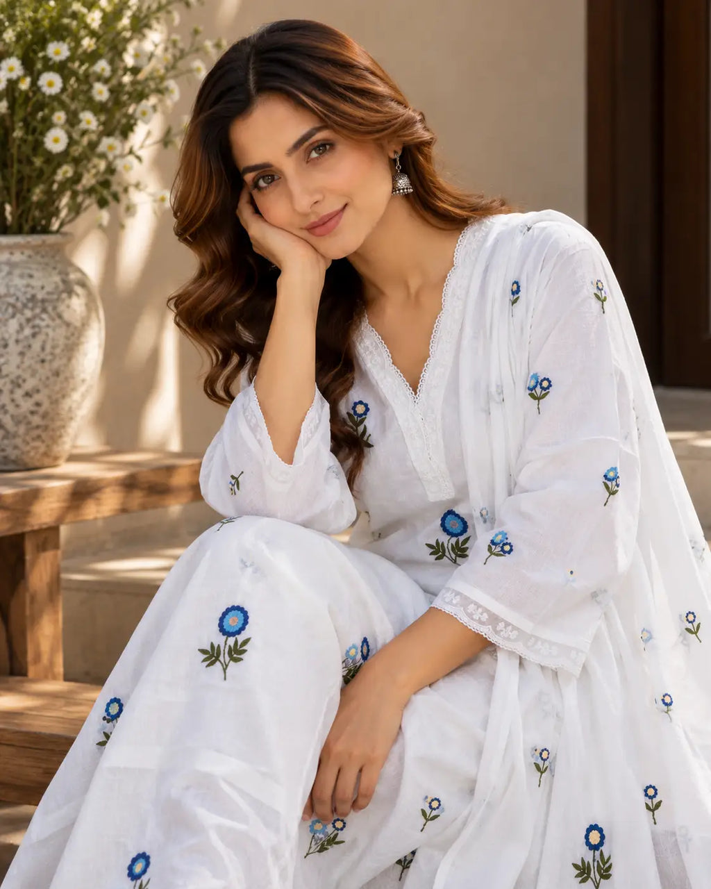 White Cotton Kurta Set With Blue Floral Embroidered