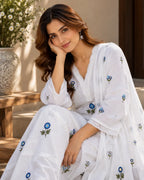 White Cotton Kurta Set With Blue Floral Embroidered
