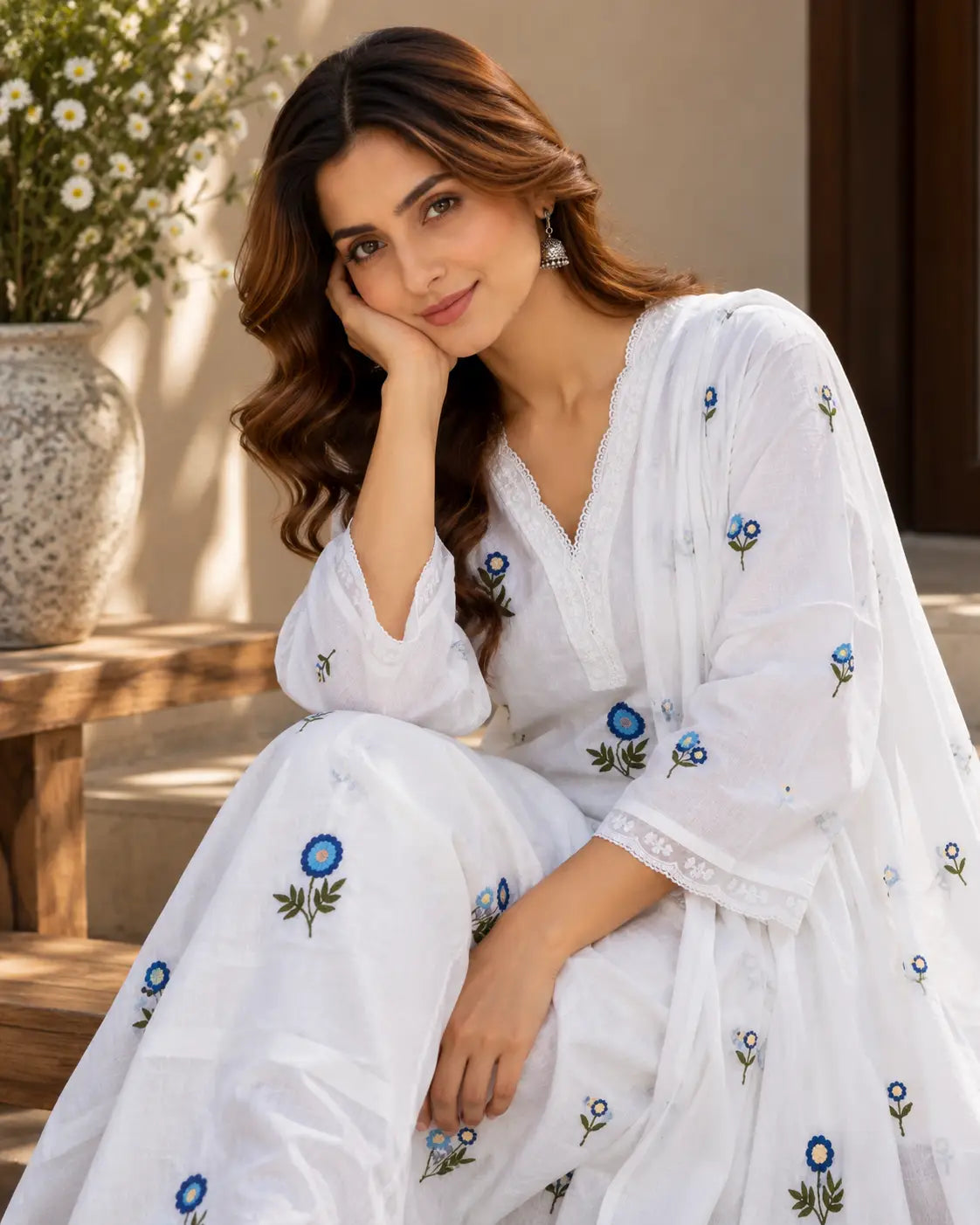 White Cotton Kurta Set With Blue Floral Embroidered
