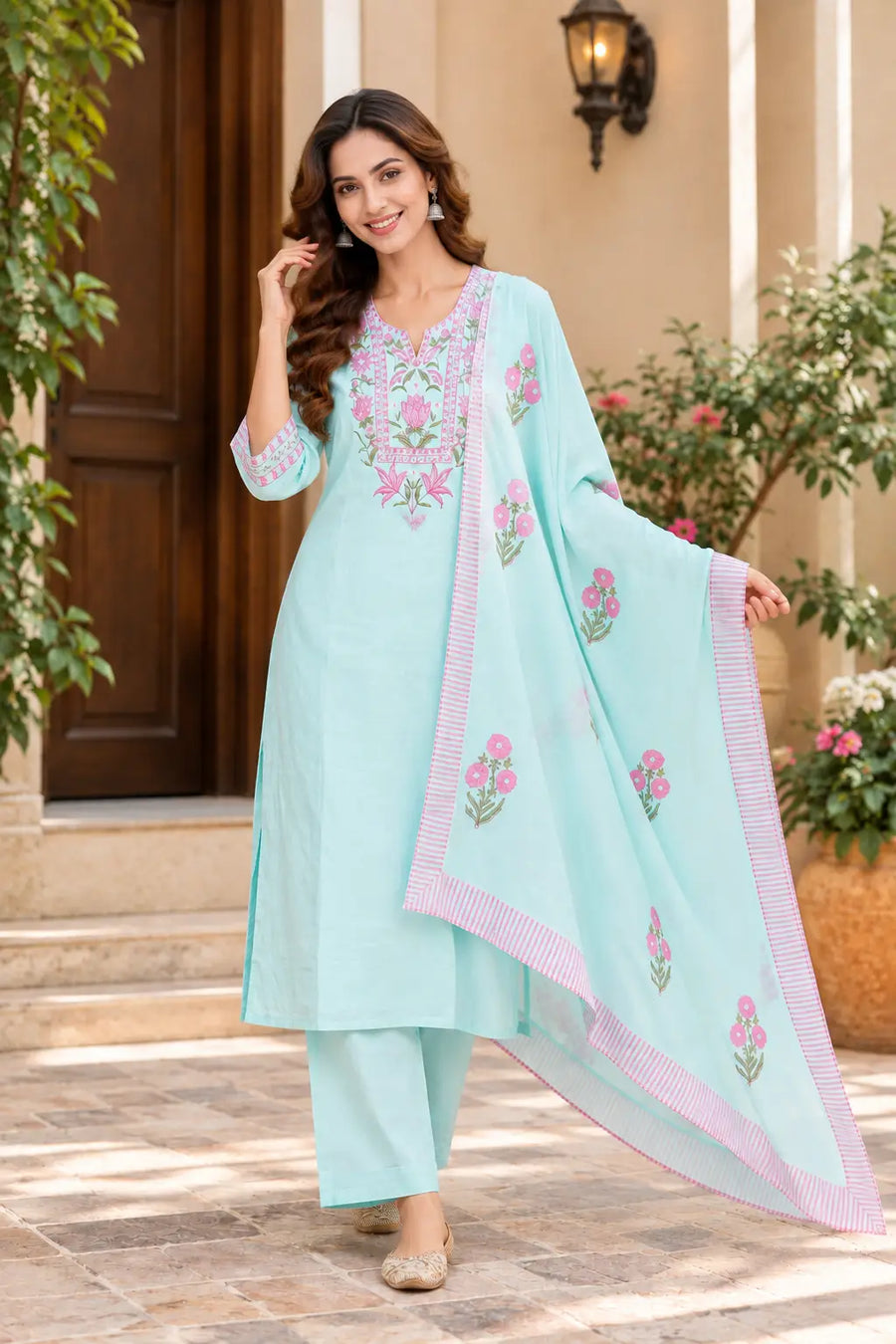 Pastel Blue Kurta Set with Embroidered Neck Panel - Subi Trends