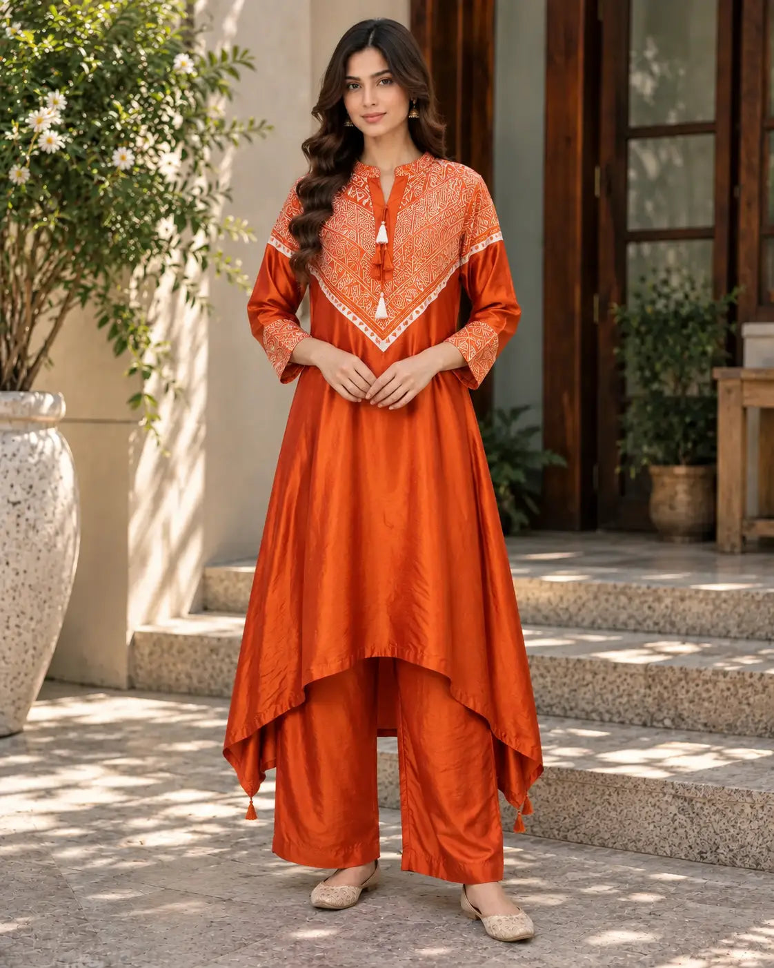 Bright Orange Geometric Printed Kurta and Pant Set