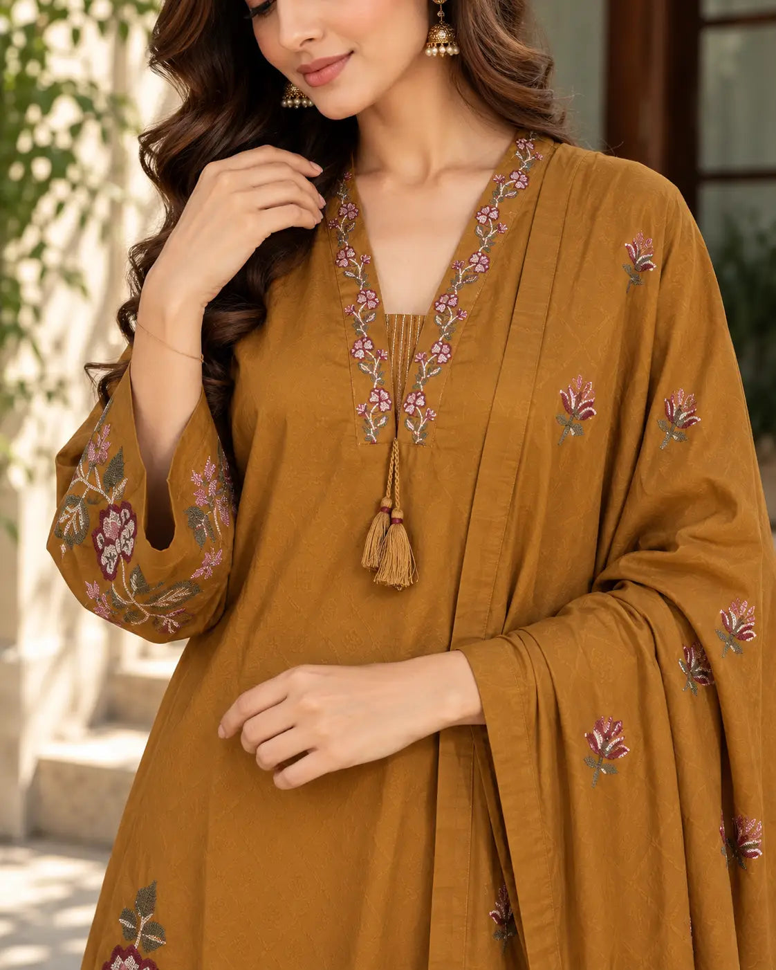 Caramel Brown Embroidered 3-Piece kurta set