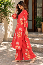 Coral Red Floral Printed A-Line Kurta Pant Set