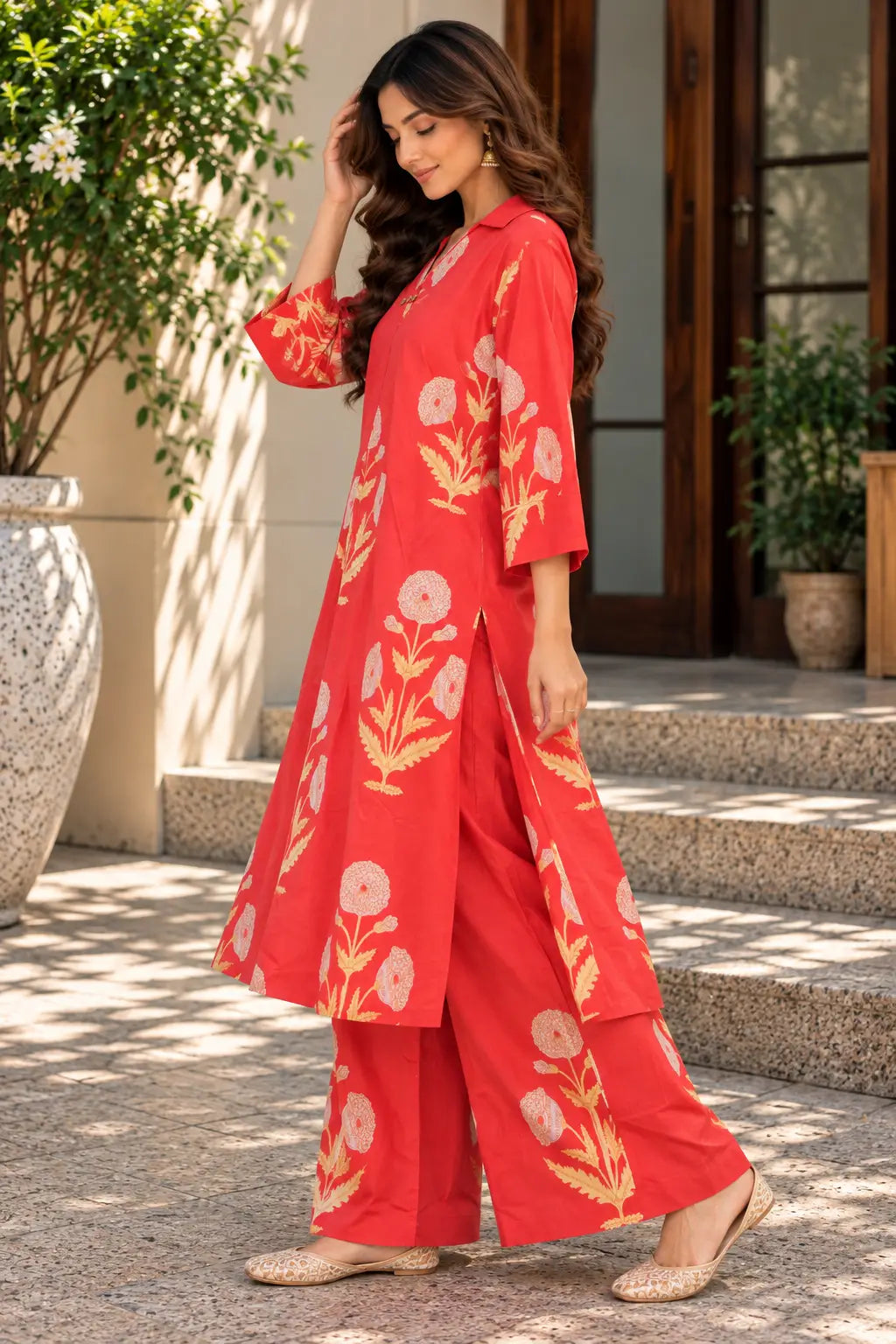 Coral Red Floral Printed A-Line Kurta Pant Set
