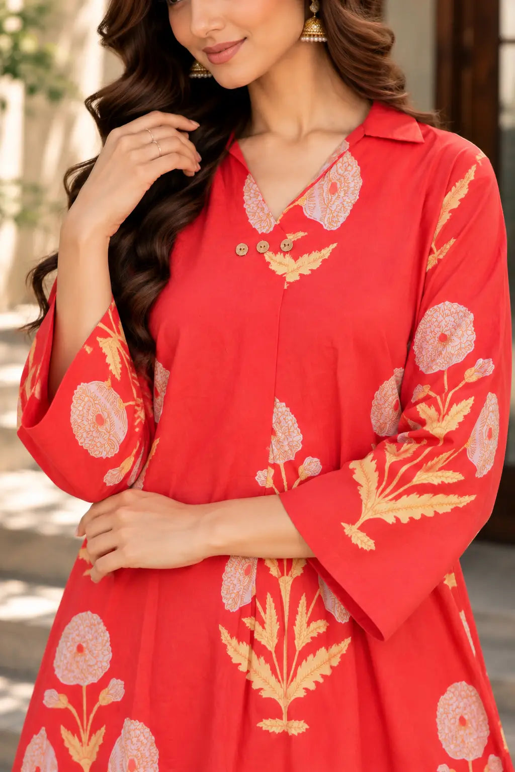 Coral Red Floral Printed A-Line Kurta Pant Set