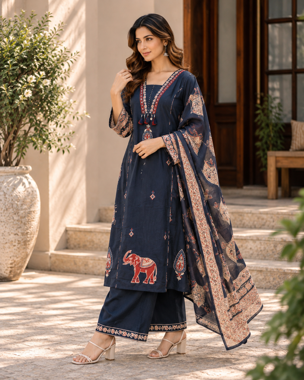 Navy Blue Cotton Kurta Pant Set with Printed Dupatta
