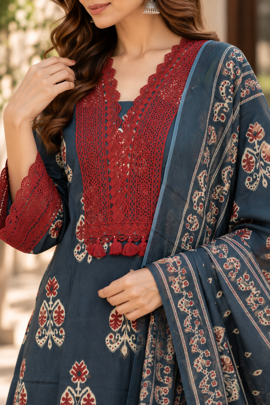 Slate Blue Ajrakh Printed Kurta Set