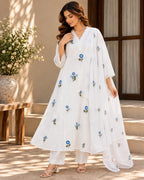 White Cotton Kurta Set With Blue Floral Embroidered - Subi Trends
