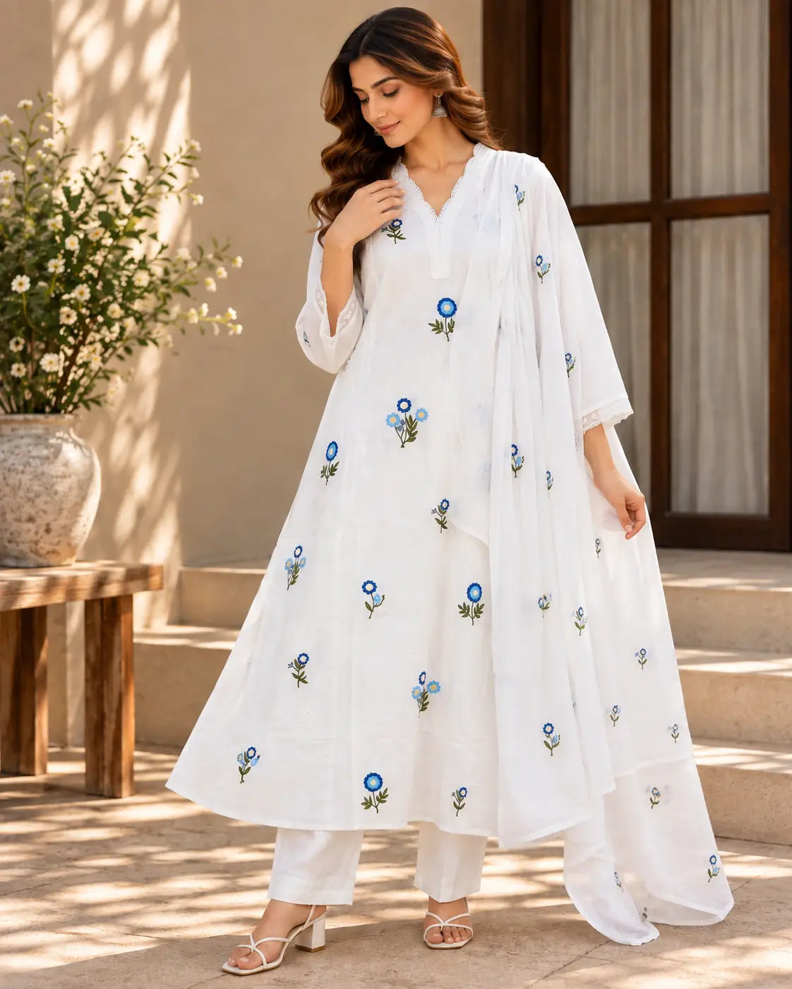 White Cotton Kurta Set With Blue Floral Embroidered - Subi Trends