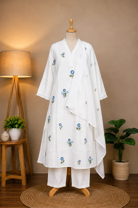 A white embroidered tunic and matching pants set displayed on a mannequin in a styled indoor setting with a floor lamp, small plant, and larger potted plant against a beige wall.