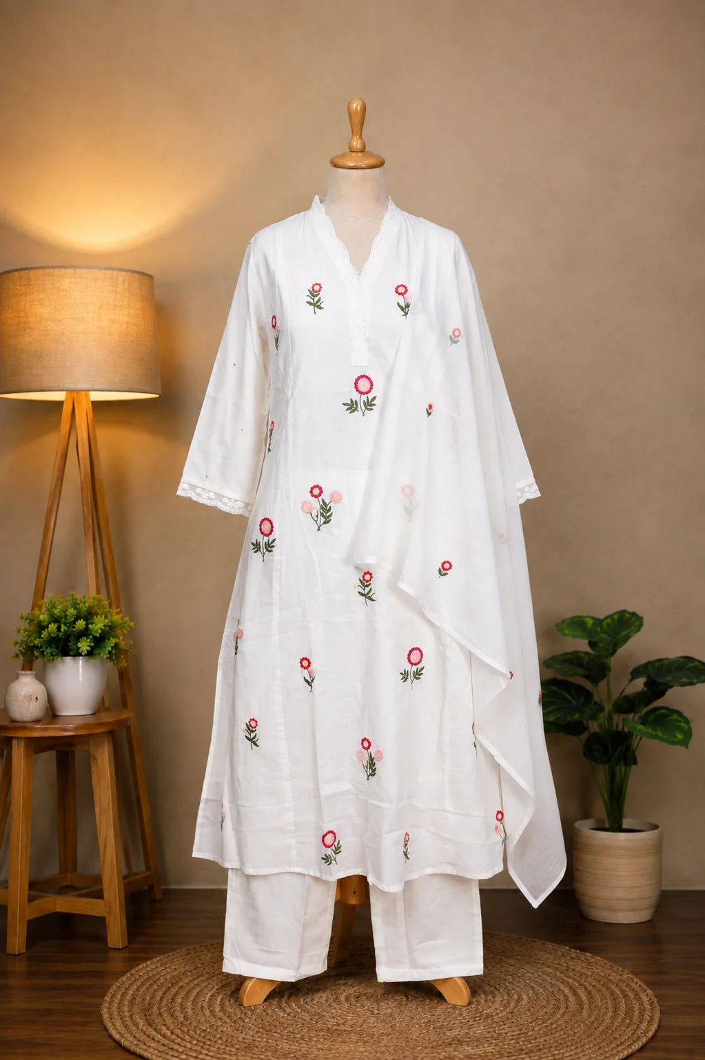 A white three-piece embroidered kurta set displayed on a wooden mannequin, featuring pink and green floral embroidery, set against a warm beige background with a floor lamp and potted plants.