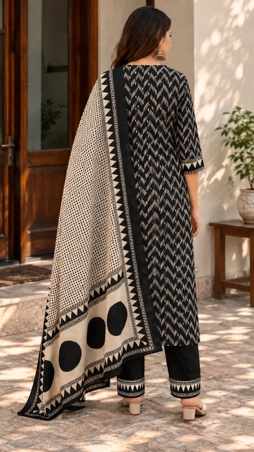 Black & White Printed Kurta Set for Women