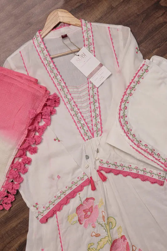 White Floral Embroidered Cotton Blend A-Line Suit Set