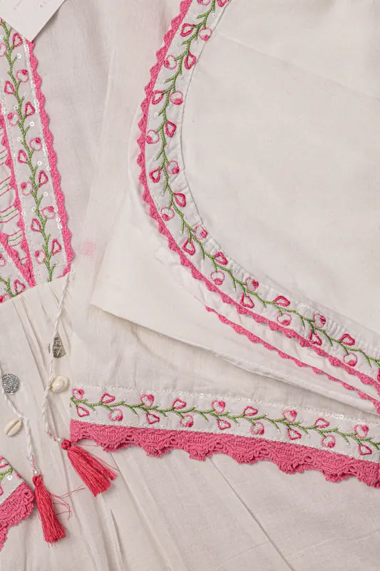 White Floral Embroidered Cotton Blend A-Line Suit Set
