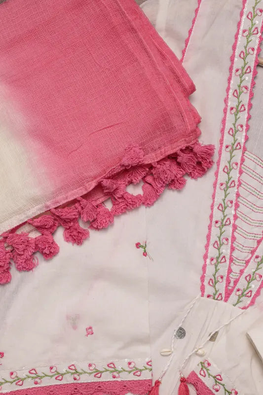 White Floral Embroidered Cotton Blend A-Line Suit Set
