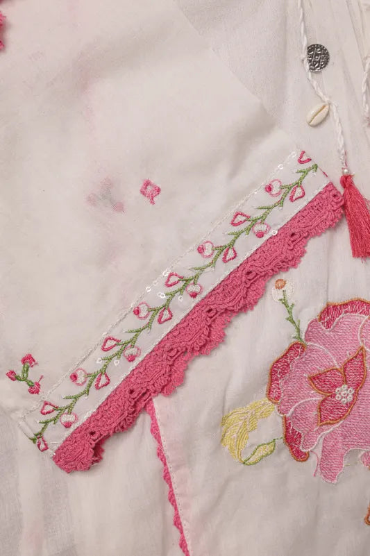 White Floral Embroidered Cotton Blend A-Line Suit Set