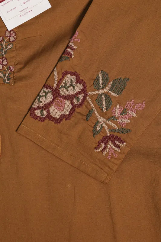 Caramel Brown Embroidered 3-Piece kurta set